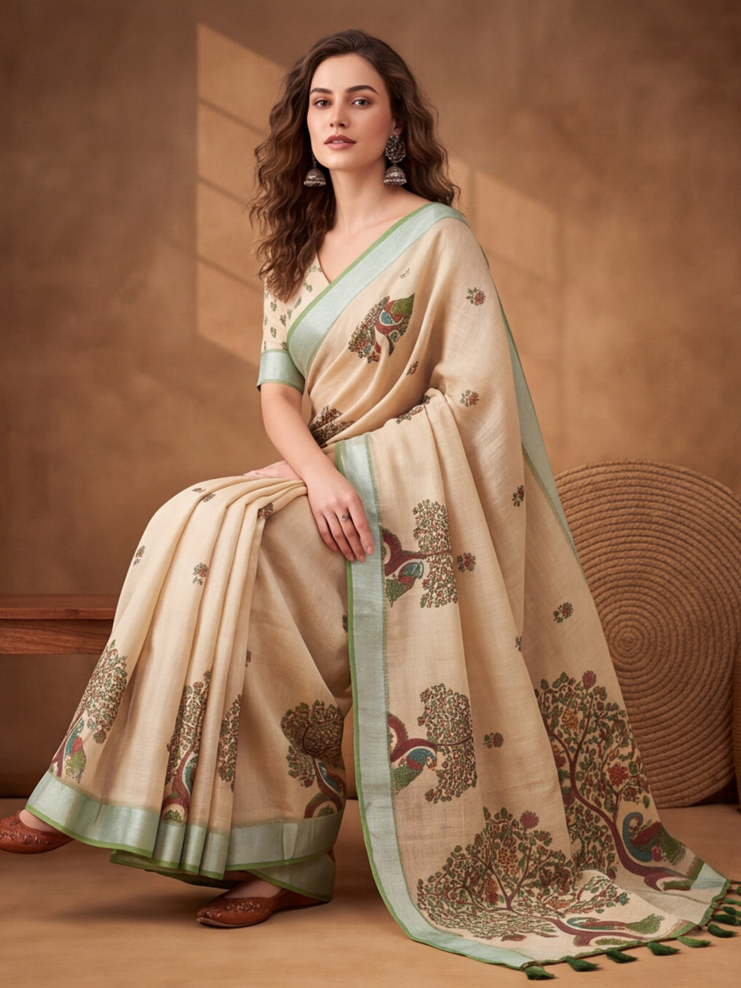 Jaipur Kurti Women Beige Digital Printed Saree With Tasselled Border