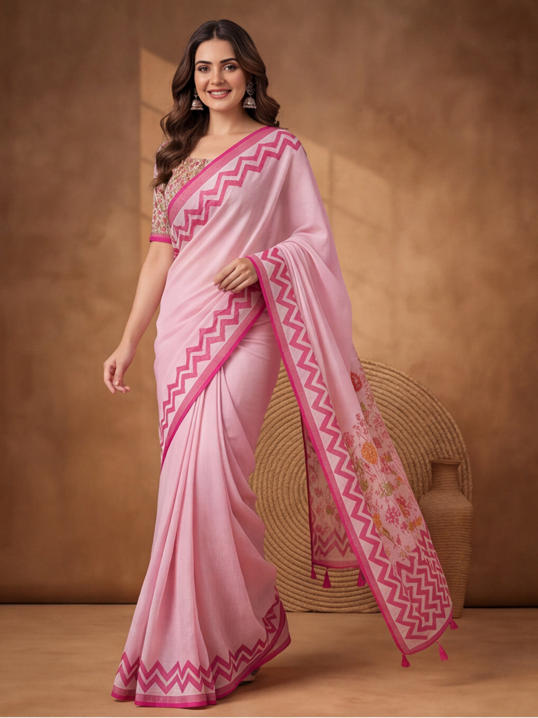 Jaipur Kurti Women Pink Digital Printed Saree With Tasselled Border