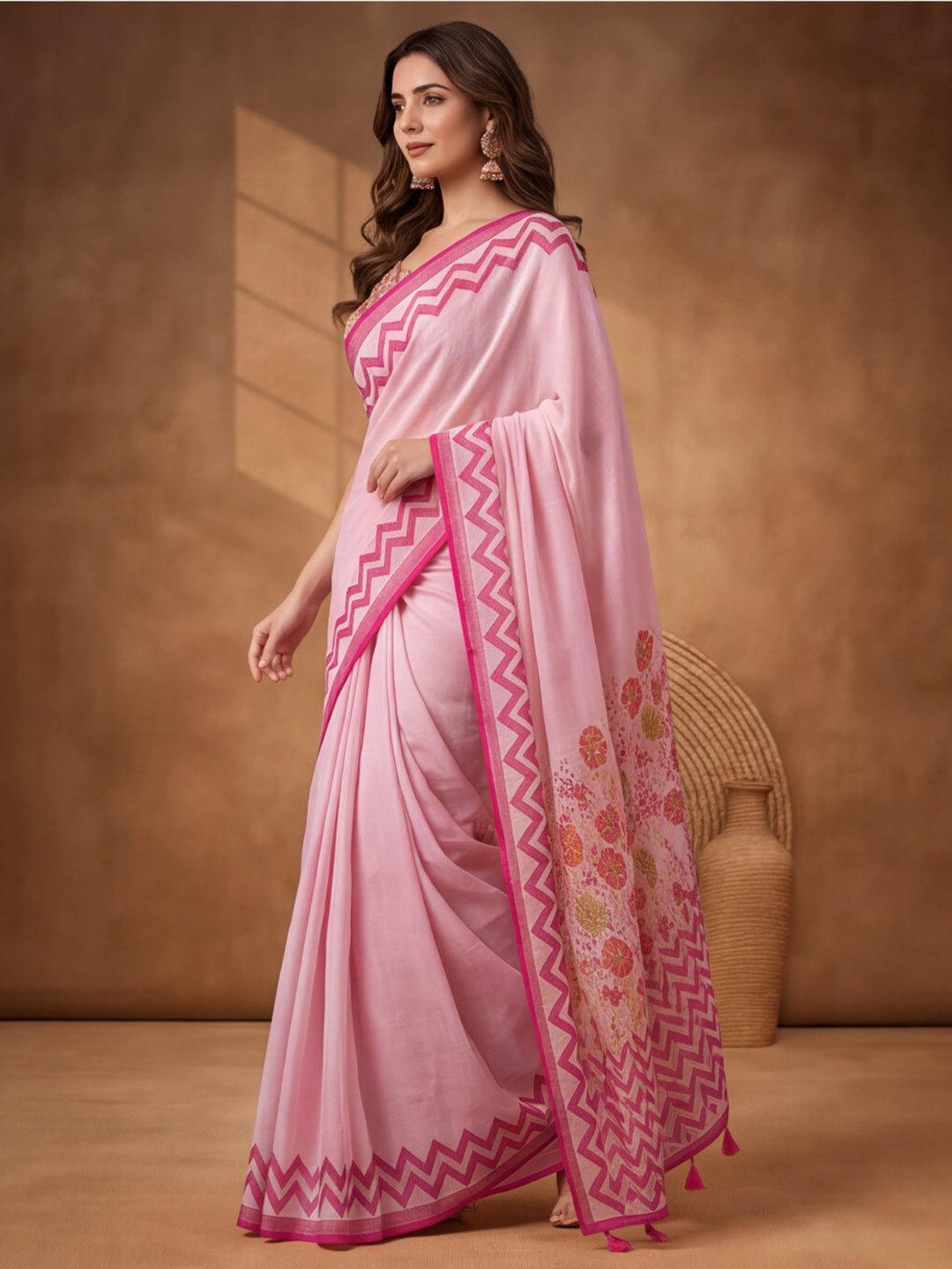 Jaipur Kurti Women Pink Digital Printed Saree With Tasselled Border
