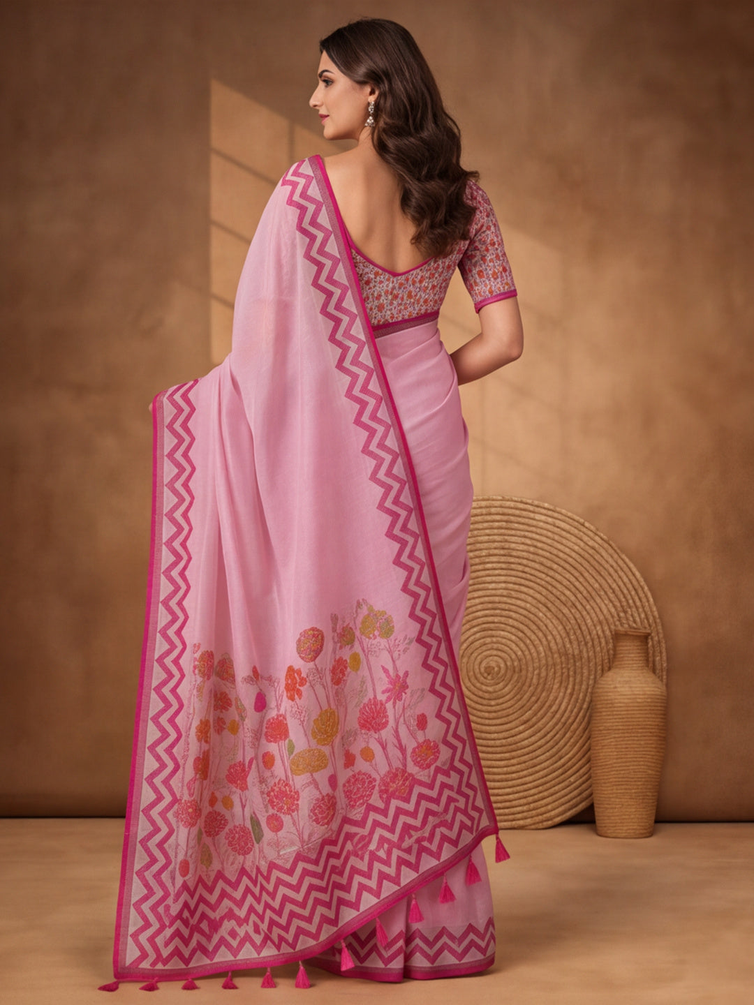Jaipur Kurti Women Pink Digital Printed Saree With Tasselled Border