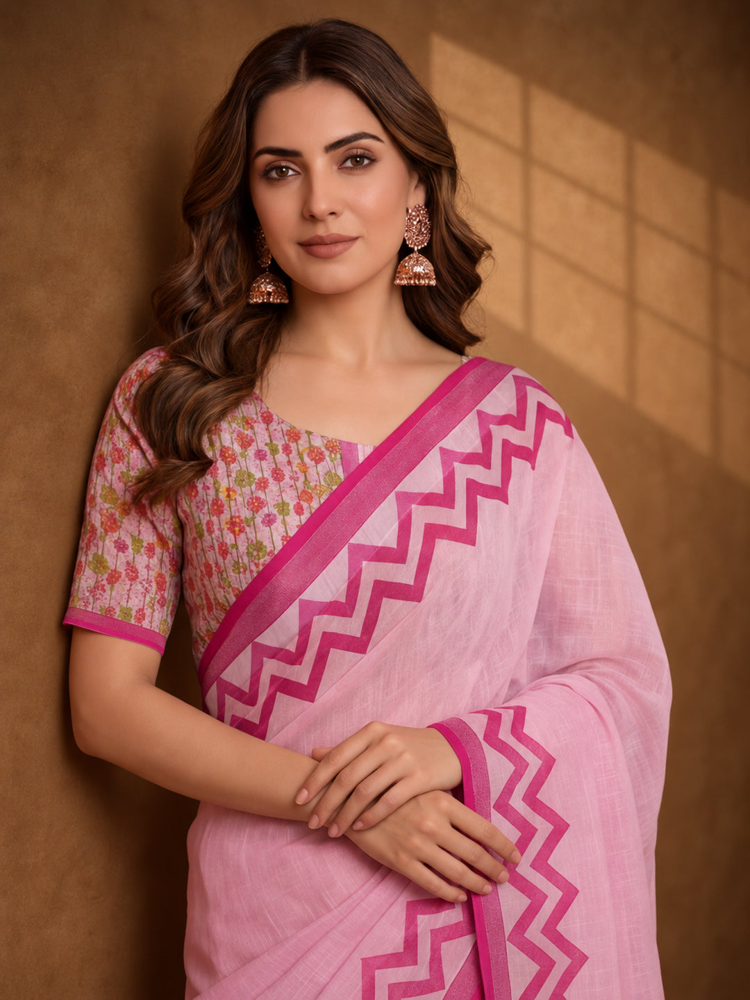 Jaipur Kurti Women Pink Digital Printed Saree With Tasselled Border