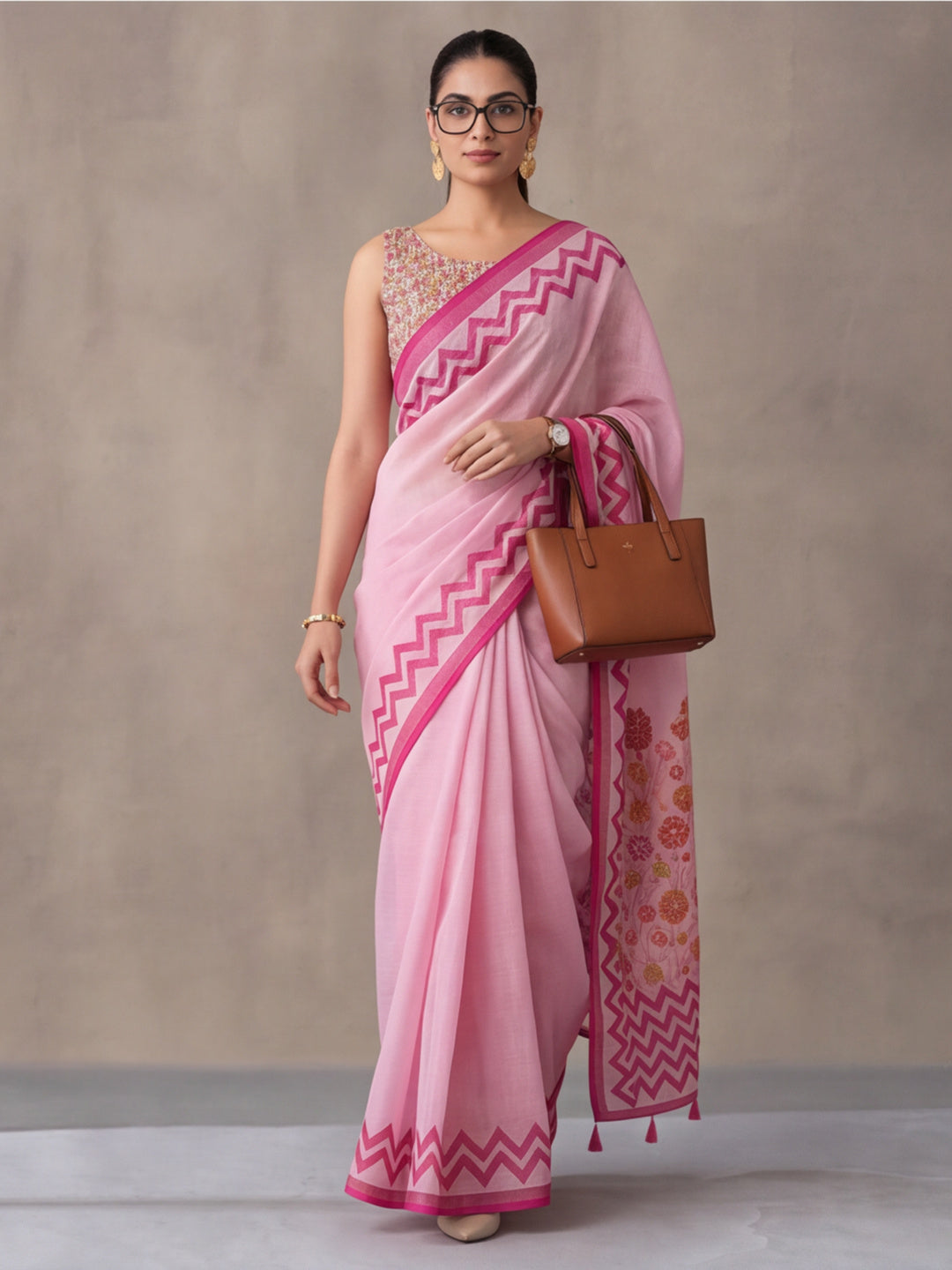Jaipur Kurti Women Pink Digital Printed Saree With Tasselled Border