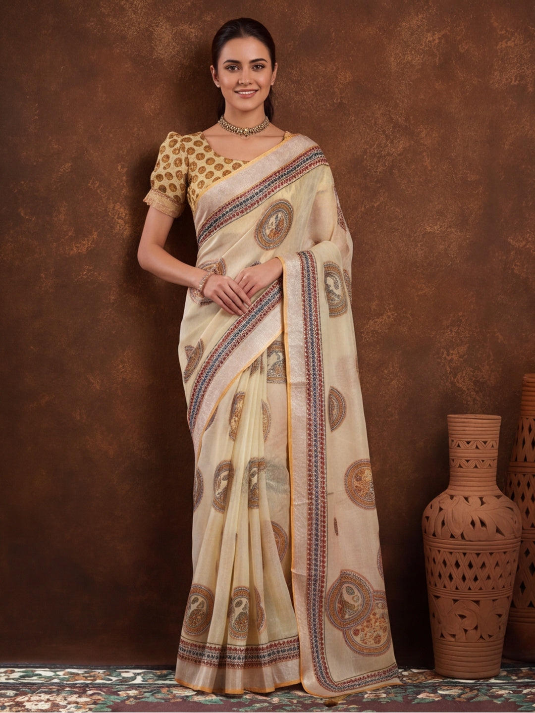 Jaipur Kurti Women Beige Digital Printed Saree With Tasselled Border