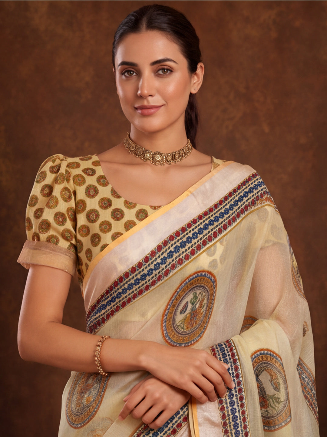 Jaipur Kurti Women Beige Digital Printed Saree With Tasselled Border
