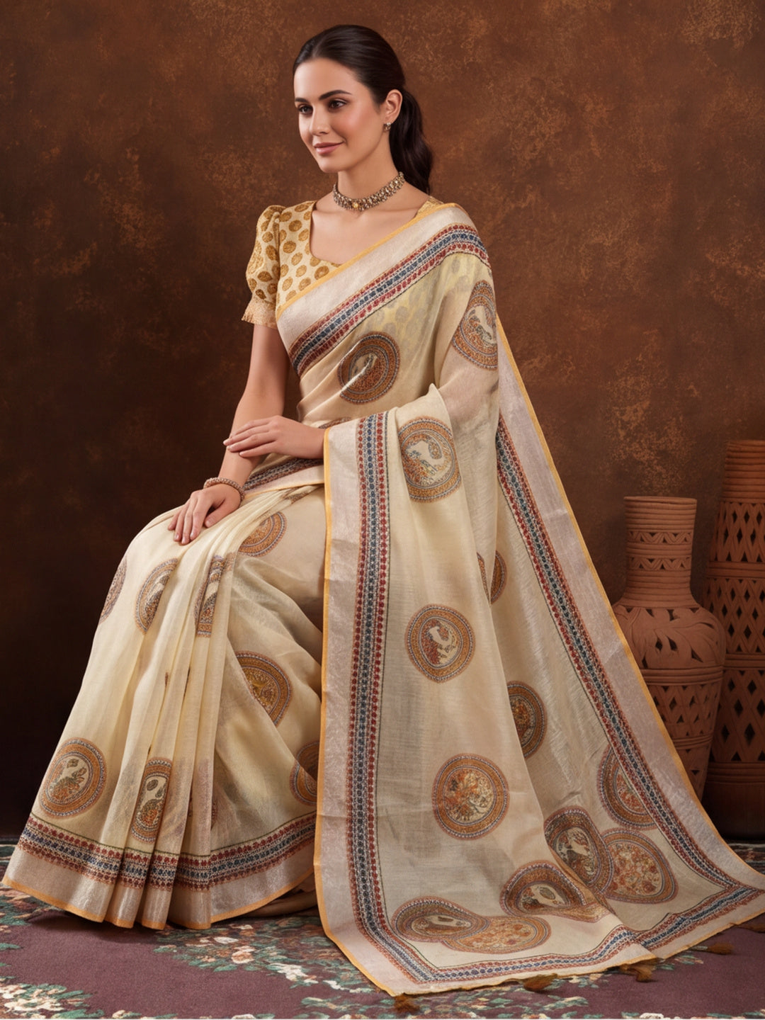 Jaipur Kurti Women Beige Digital Printed Saree With Tasselled Border