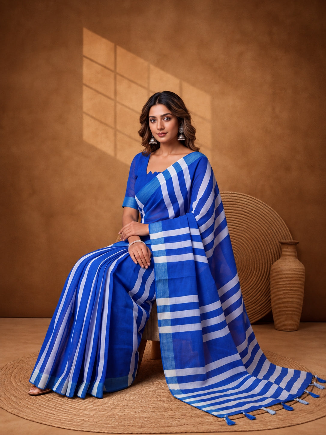 Jaipur Kurti Women Blue Digital Printed Saree With Tasselled Border