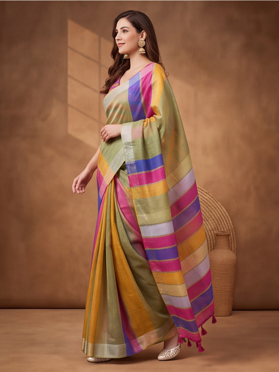 Jaipur Kurti Women Multi Digital Printed Saree With Tasselled Border