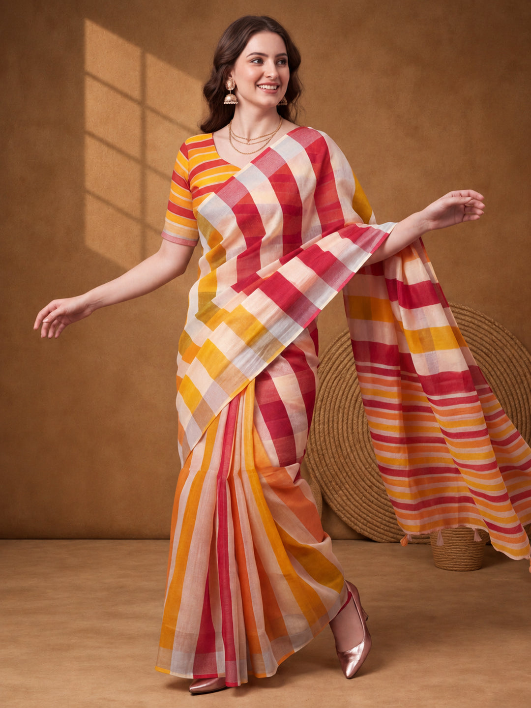 Jaipur Kurti Women Multi Digital Printed Saree With Tasselled Border