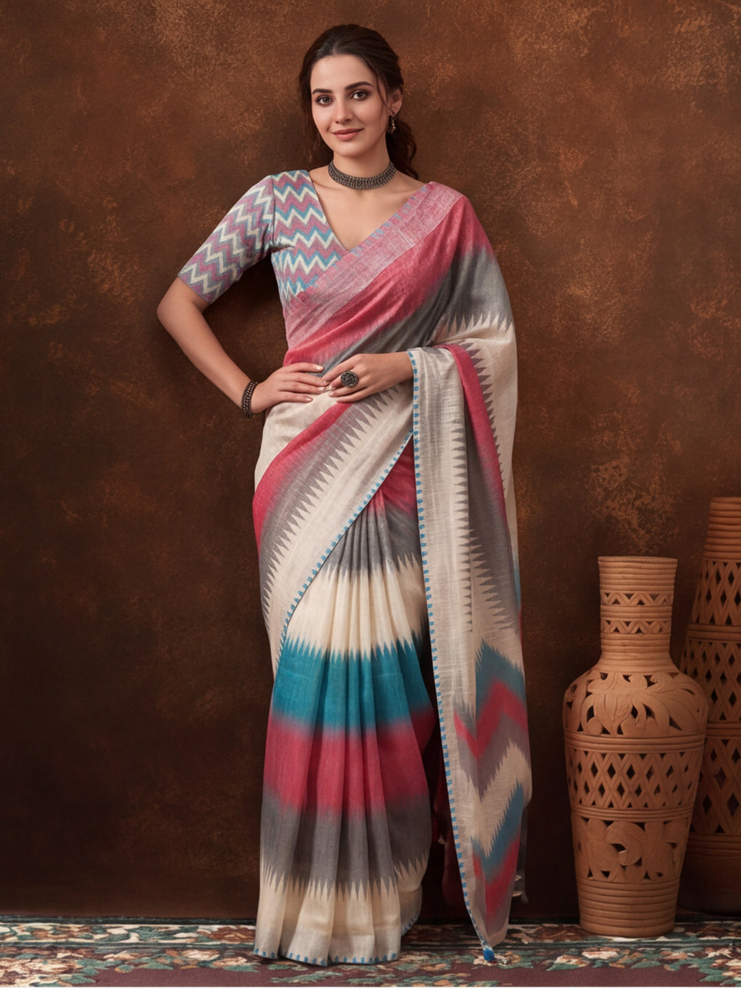 Jaipur Kurti Women Multi Digital Printed Saree With Tasselled Border