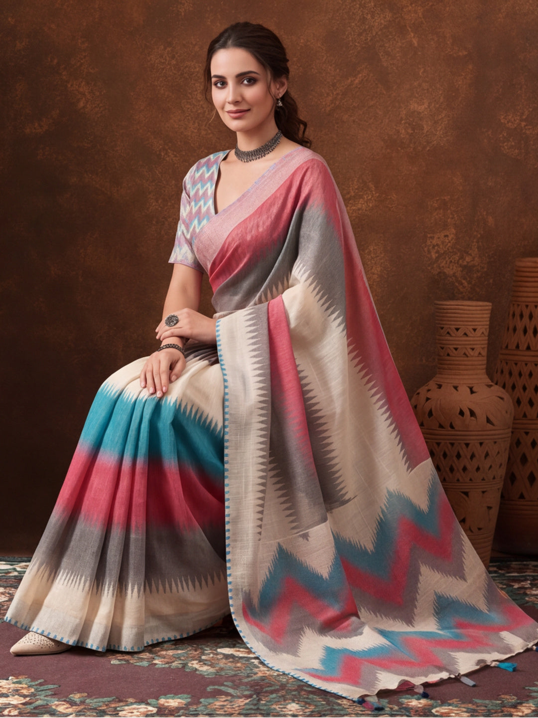 Jaipur Kurti Women Multi Digital Printed Saree With Tasselled Border
