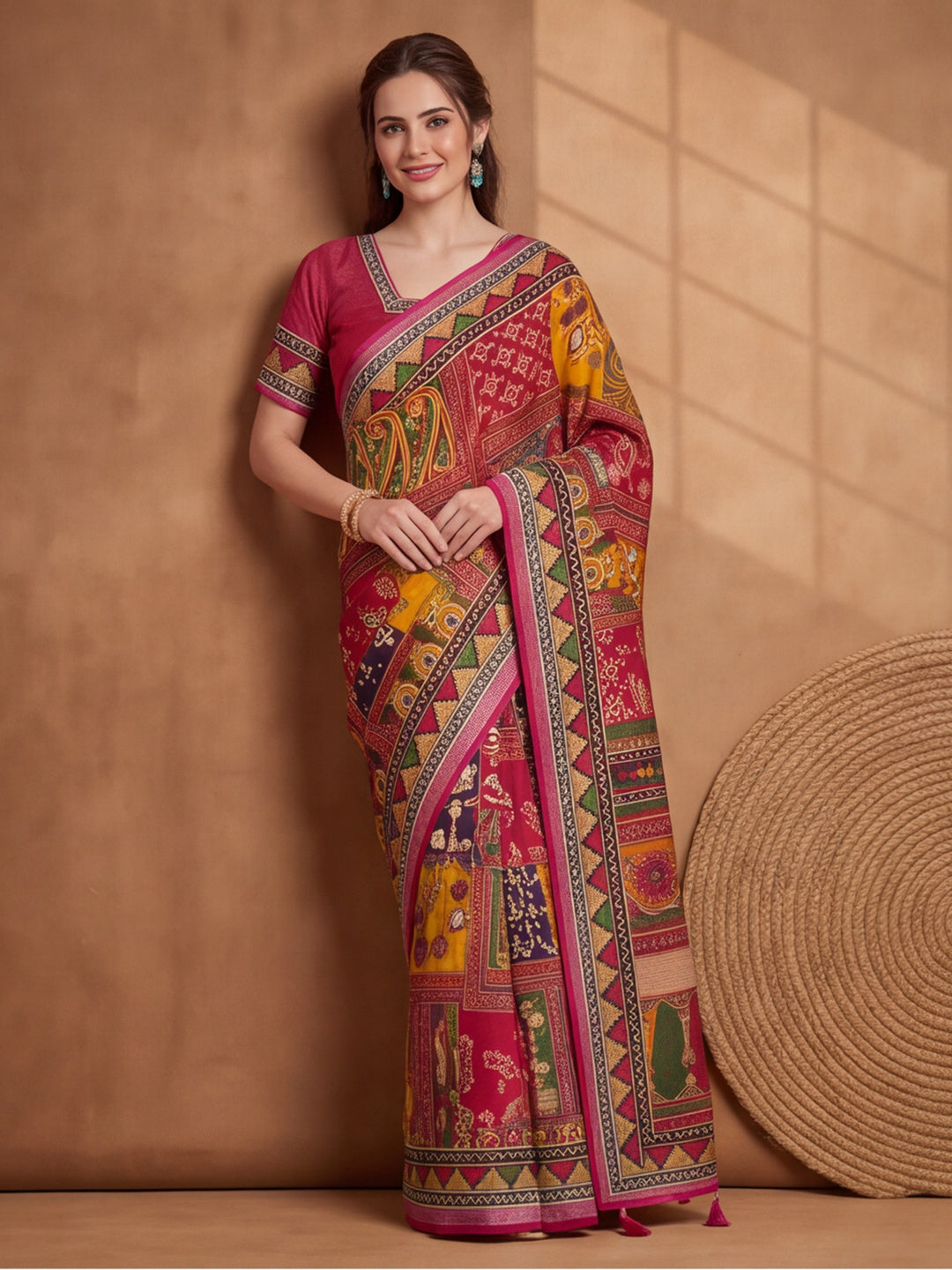 Jaipur Kurti Women Multi Digital Printed Saree With Tasselled Border