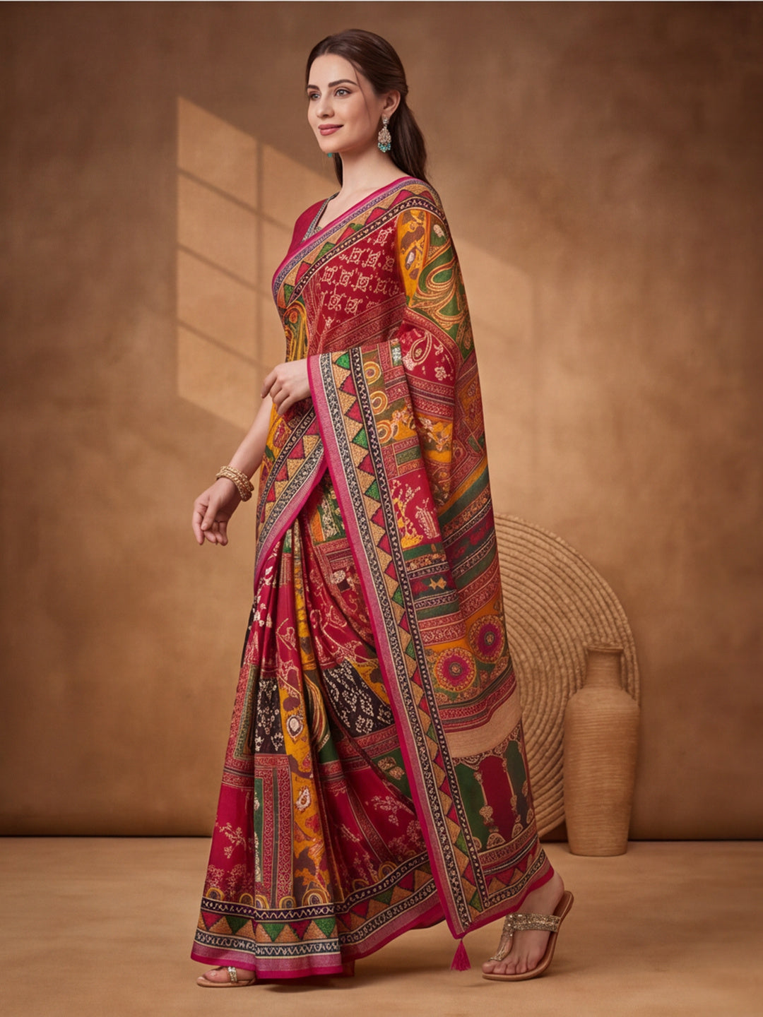 Jaipur Kurti Women Multi Digital Printed Saree With Tasselled Border