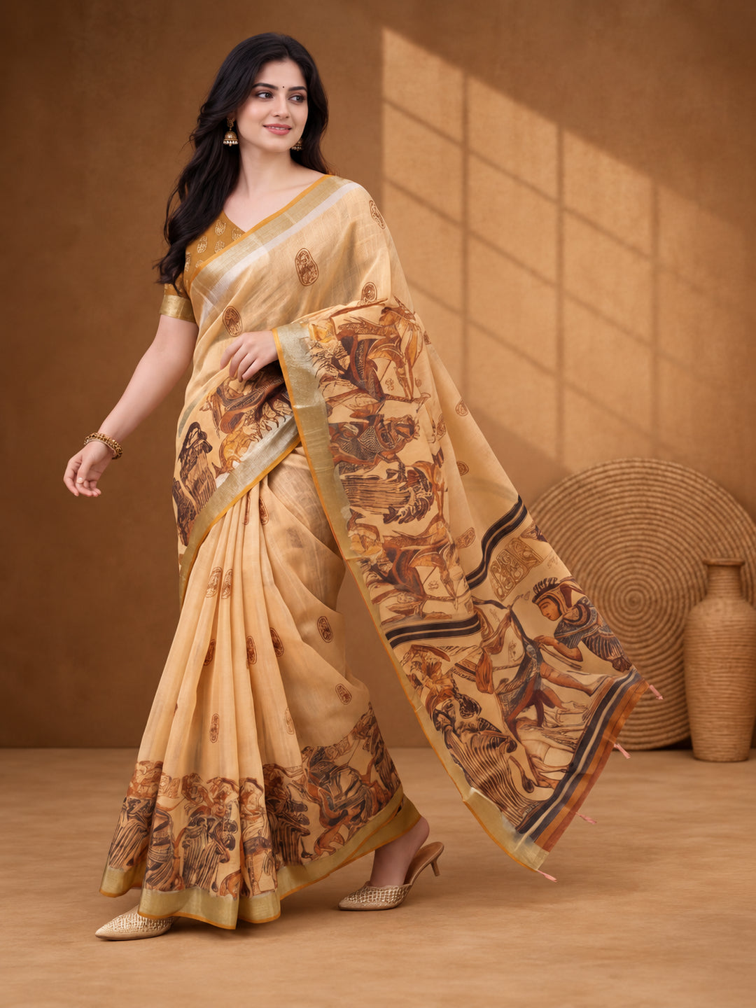 Jaipur Kurti Women Beige Digital Printed Saree With Tasselled Border