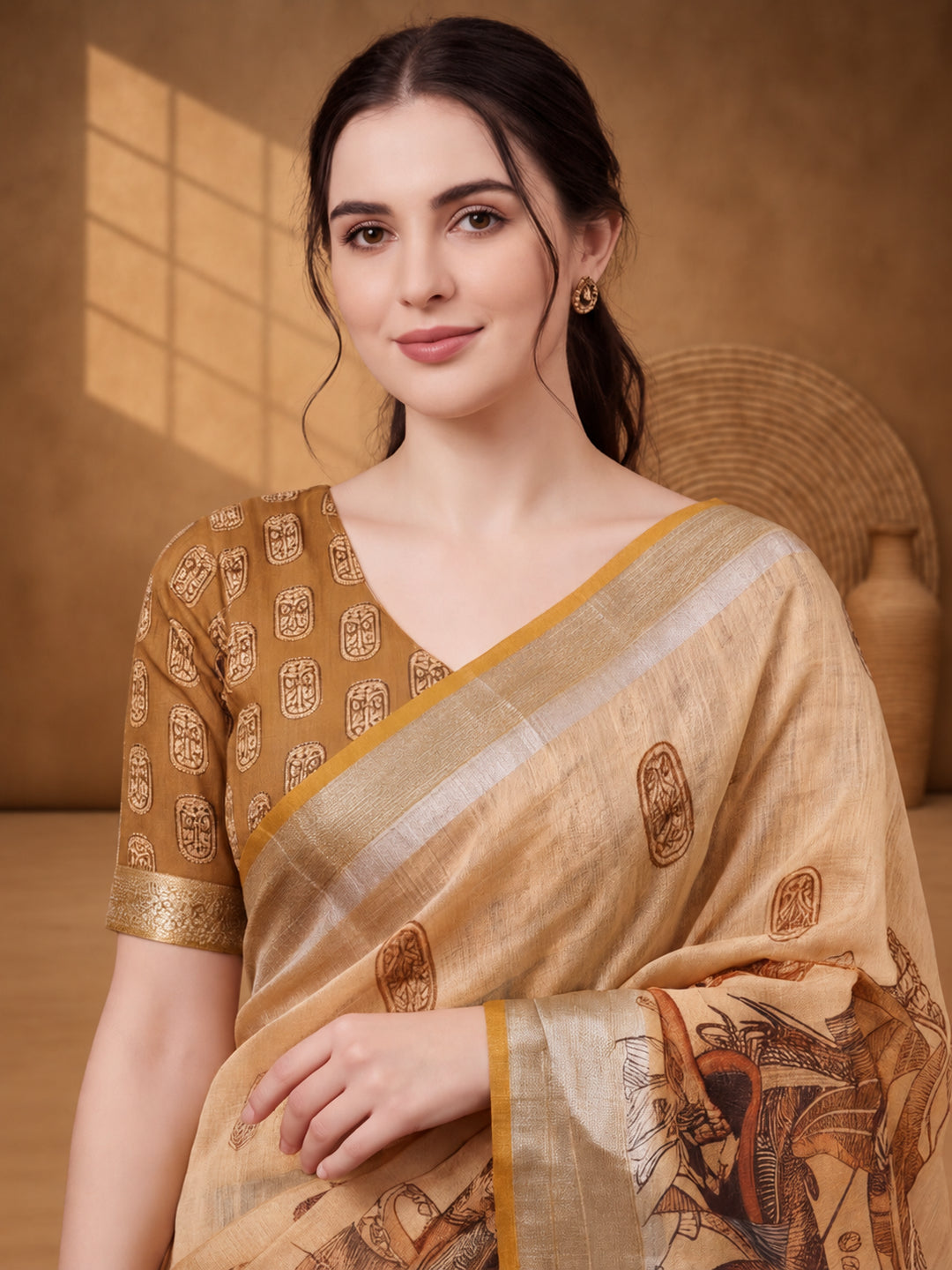 Jaipur Kurti Women Beige Digital Printed Saree With Tasselled Border