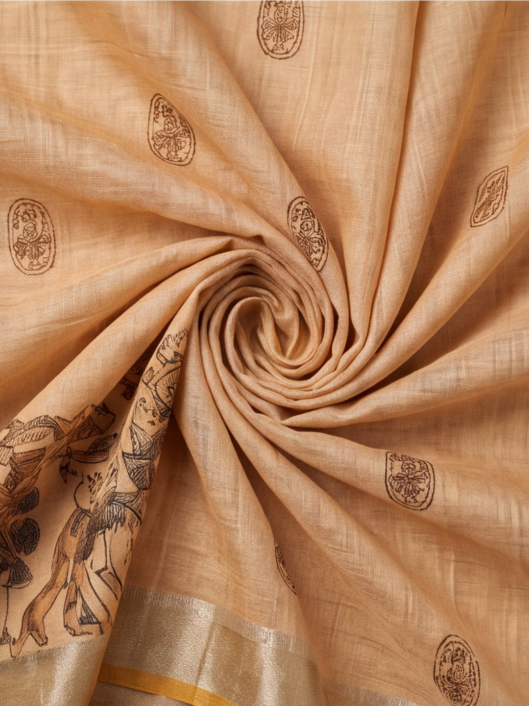 Jaipur Kurti Women Beige Digital Printed Saree With Tasselled Border