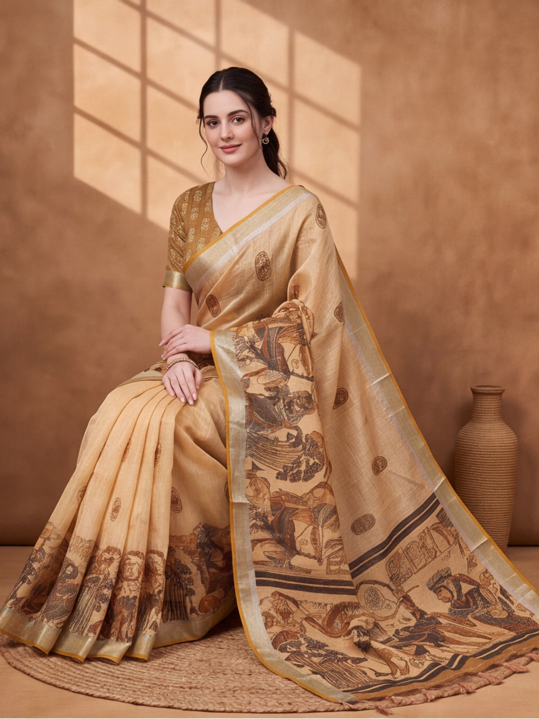Jaipur Kurti Women Beige Digital Printed Saree With Tasselled Border