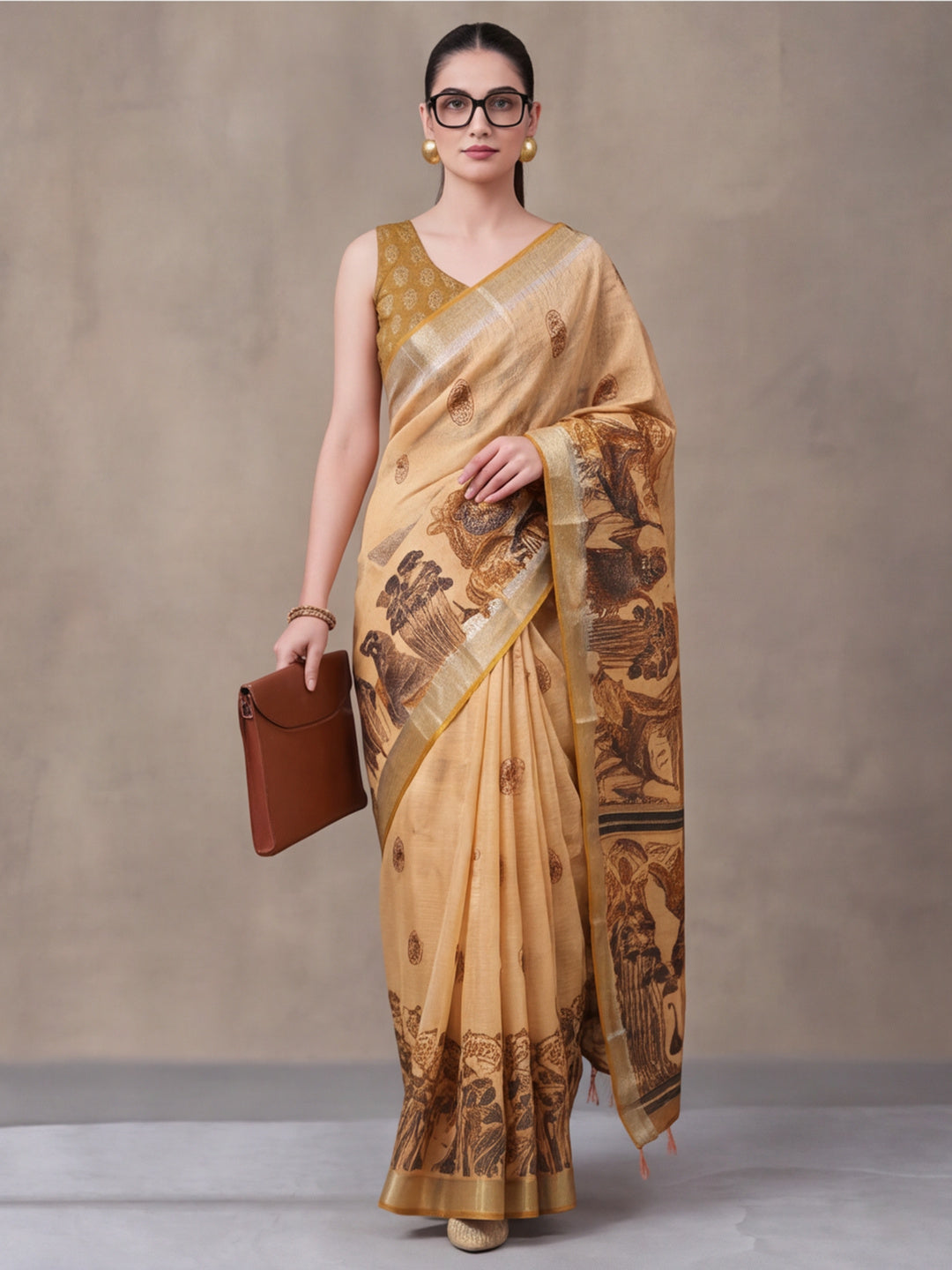 Jaipur Kurti Women Beige Digital Printed Saree With Tasselled Border