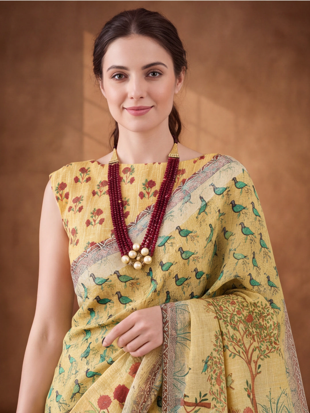 Jaipur Kurti Women Beige Digital Printed Saree With Tasselled Border