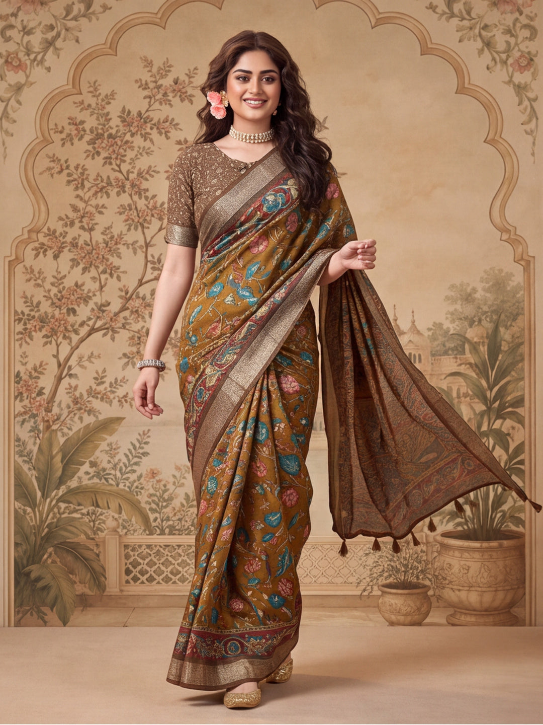 Jaipur Kurti Women Mustard Digital Printed Saree With Tasselled Border