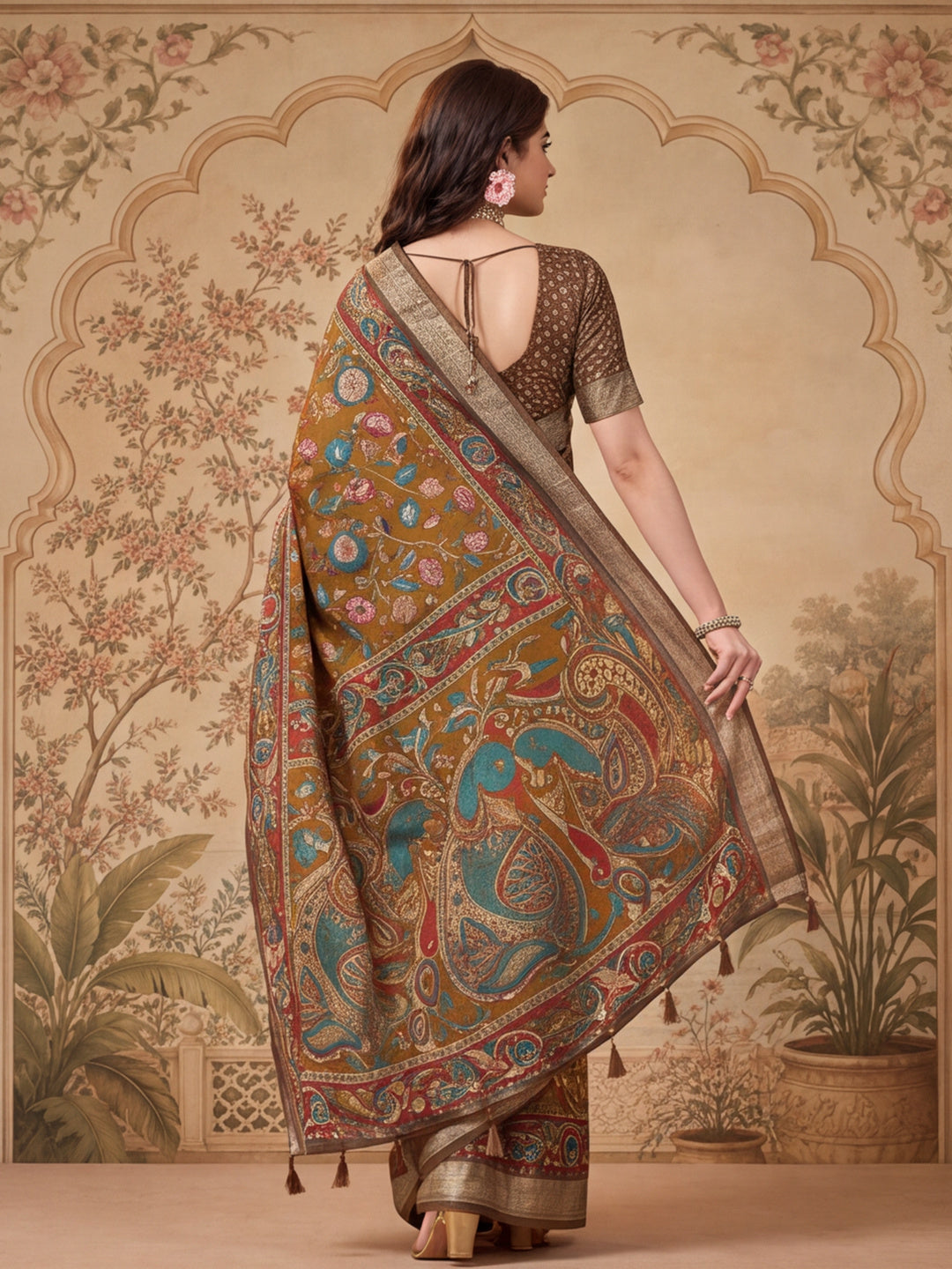 Jaipur Kurti Women Mustard Digital Printed Saree With Tasselled Border