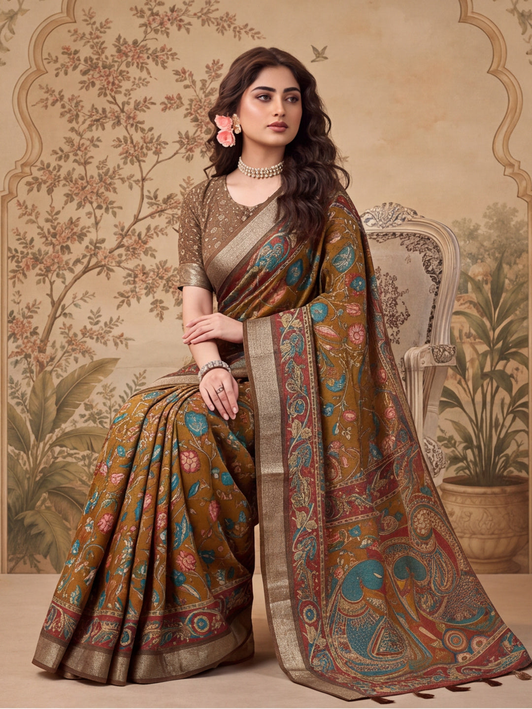 Jaipur Kurti Women Mustard Digital Printed Saree With Tasselled Border
