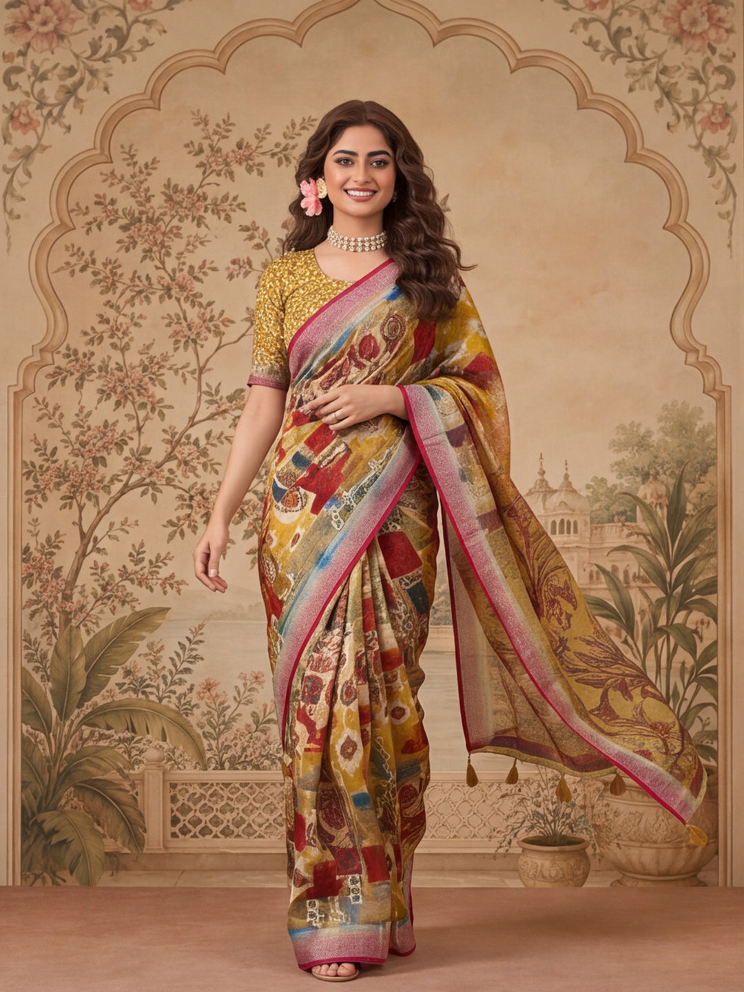 Jaipur Kurti Women Multi Digital Printed Saree With Tasselled Border