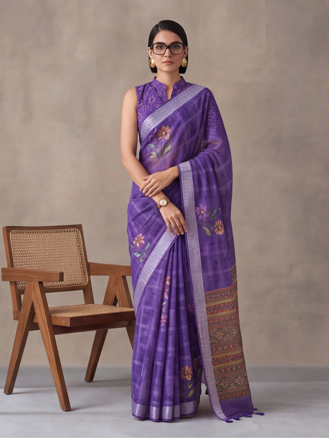 Jaipur Kurti Women Purple Digital Printed Saree With Tasselled Border