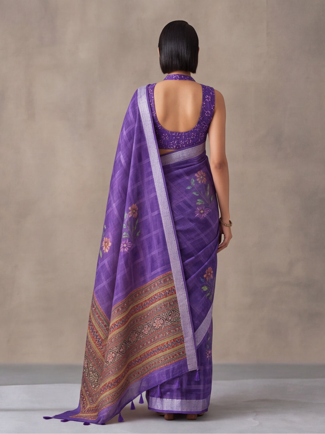 Jaipur Kurti Women Purple Digital Printed Saree With Tasselled Border