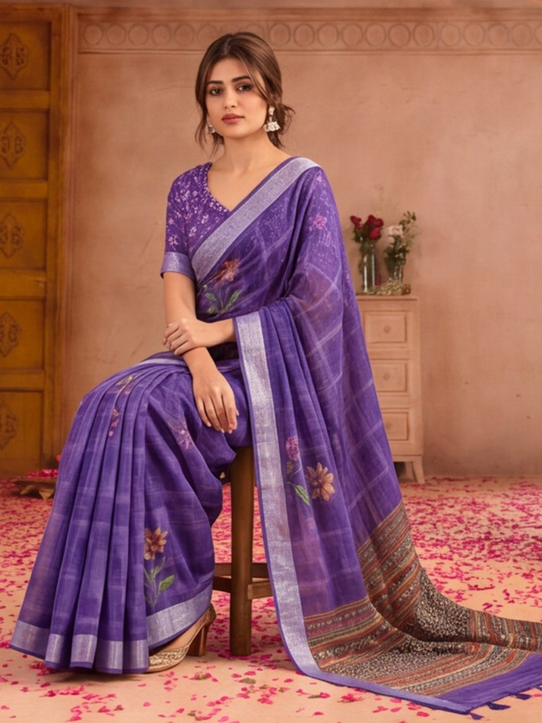 Jaipur Kurti Women Purple Digital Printed Saree With Tasselled Border