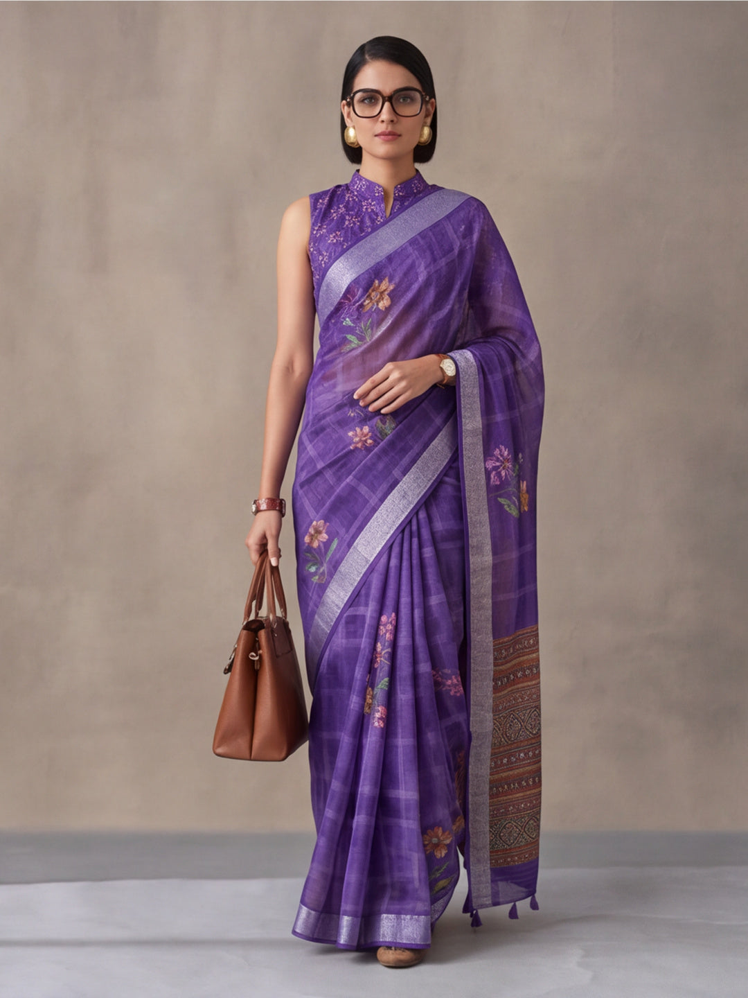 Jaipur Kurti Women Purple Digital Printed Saree With Tasselled Border