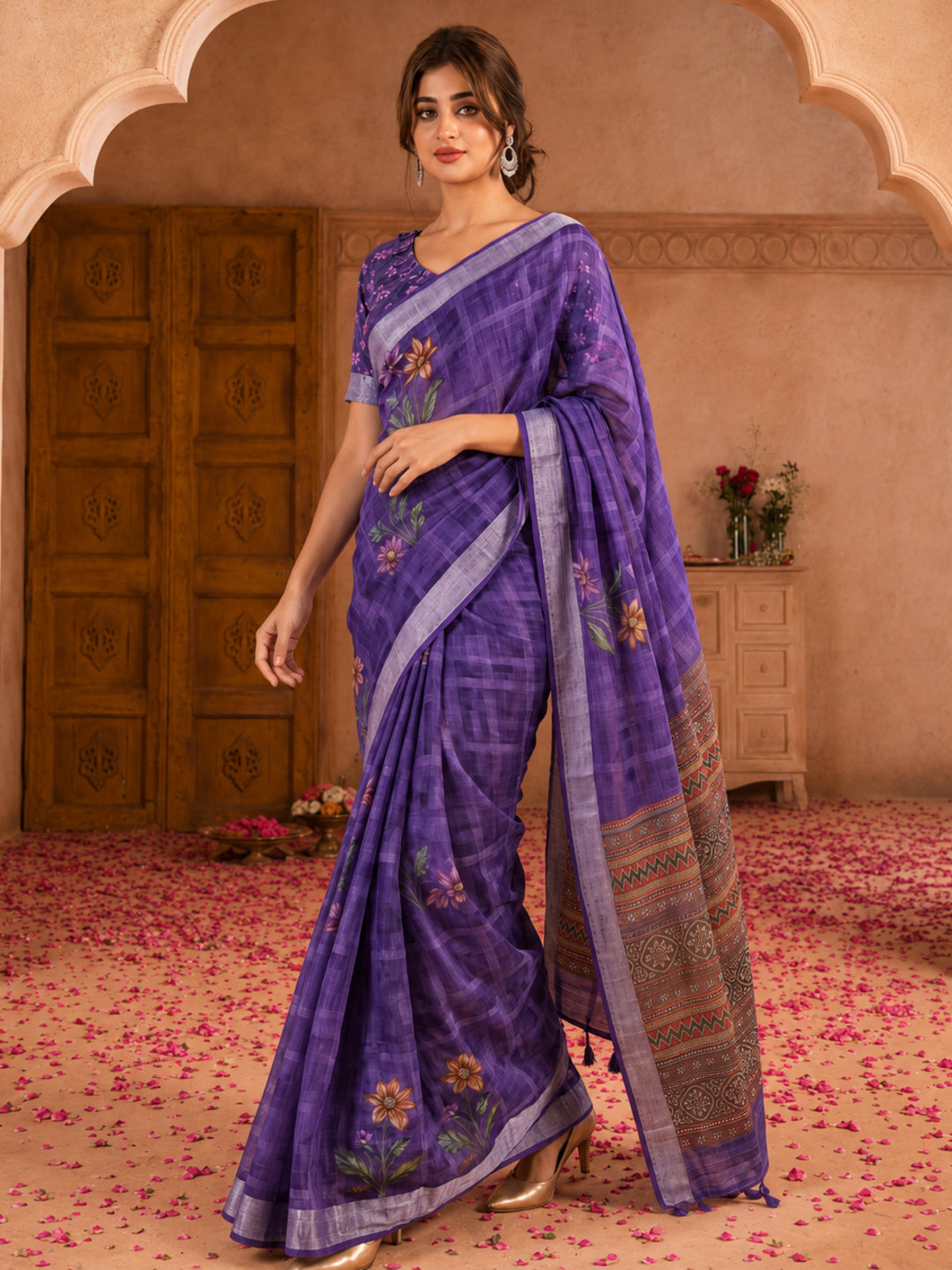 Jaipur Kurti Women Purple Digital Printed Saree With Tasselled Border