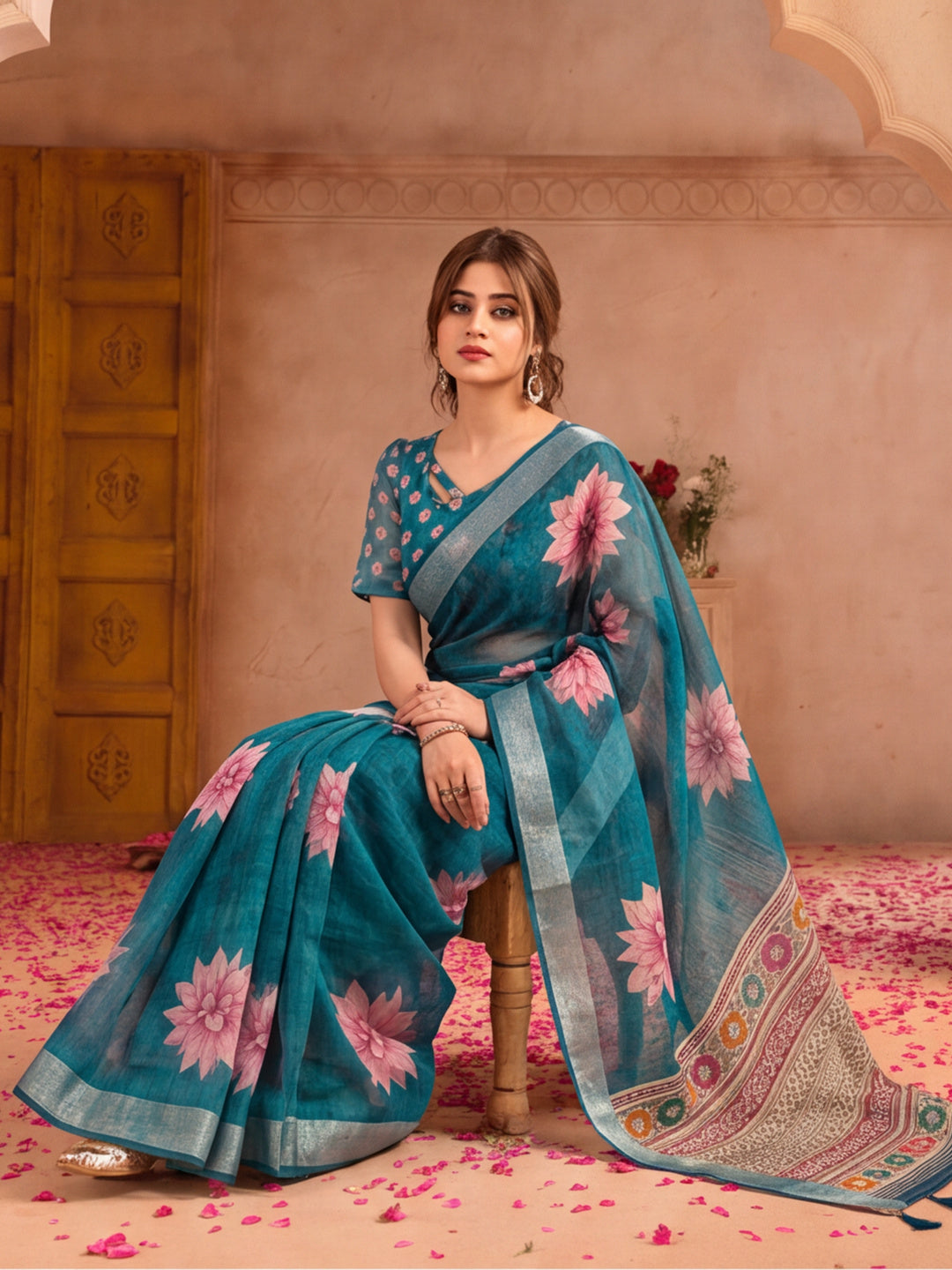 Jaipur Kurti Women Sea Green Digital Printed Saree With Tasselled Border