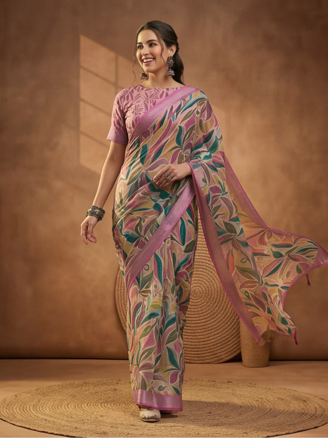 Pink Linen Cotton Digital Printed Saree with Leaf Motifs
