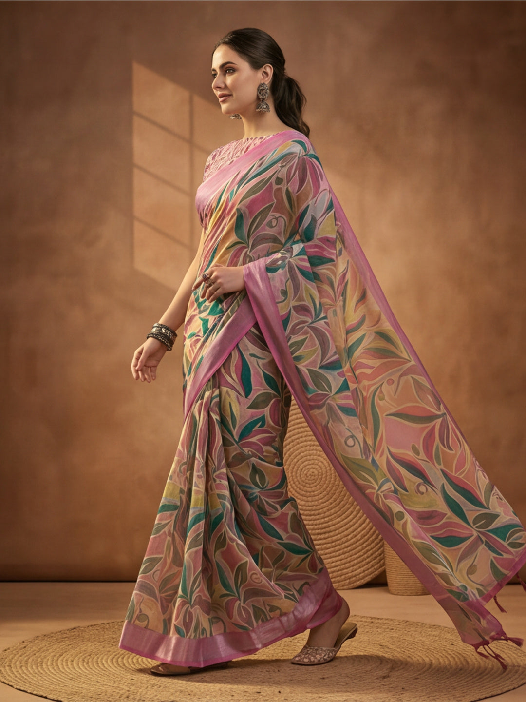 Pink Linen Cotton Digital Printed Saree with Leaf Motifs