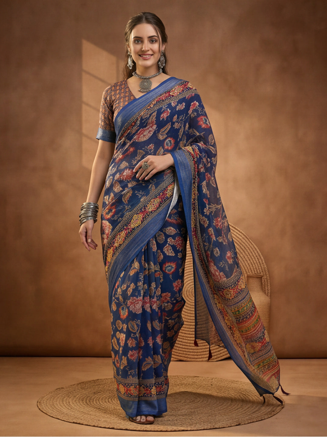 Navy Blue Linen Cotton Digital Printed Floral Saree
