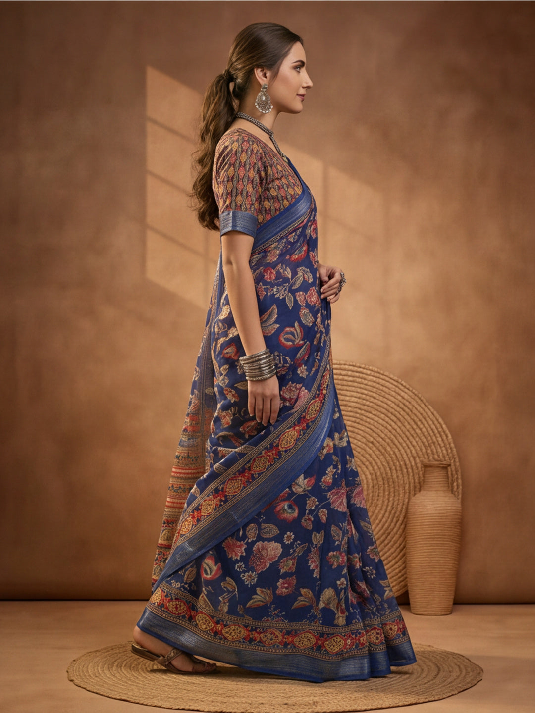Navy Blue Linen Cotton Digital Printed Floral Saree