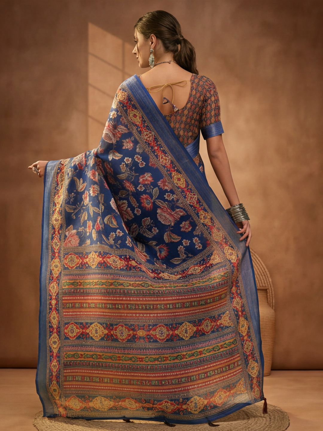 Navy Blue Linen Cotton Digital Printed Floral Saree