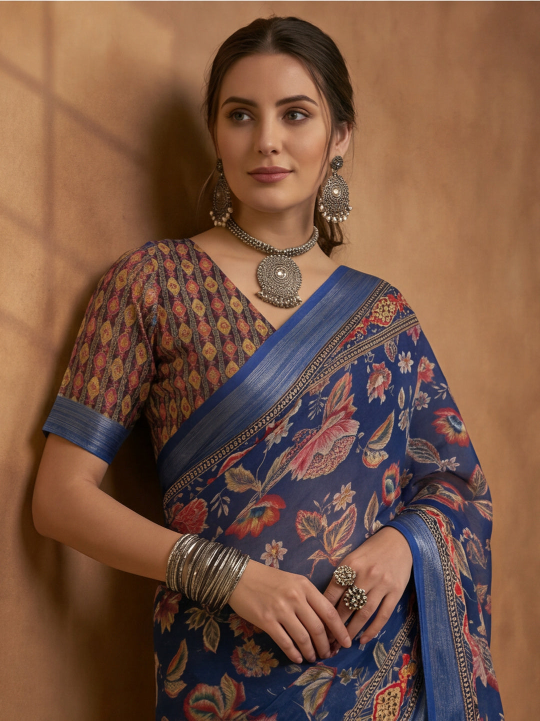 Navy Blue Linen Cotton Digital Printed Floral Saree