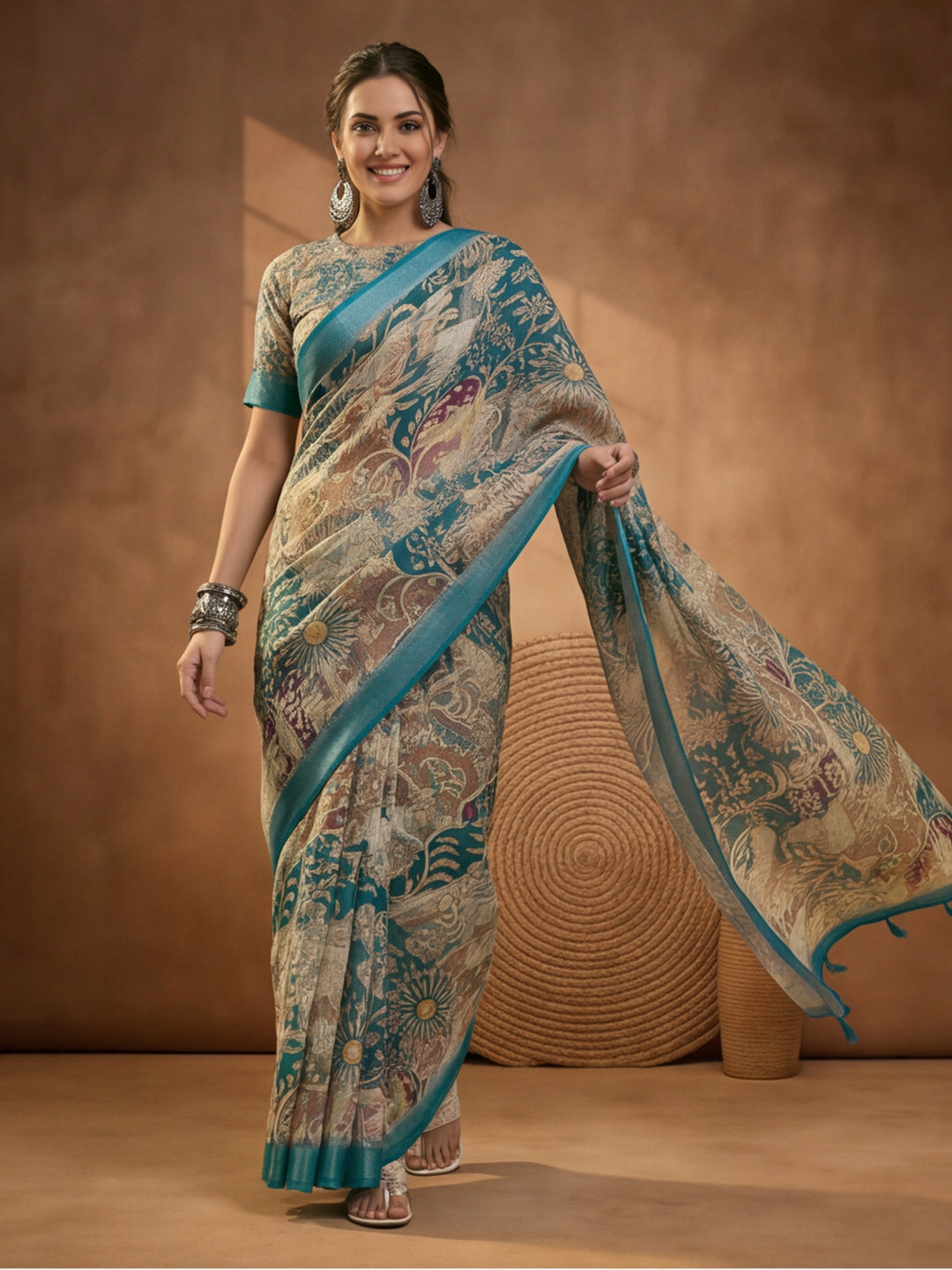 Teal Linen Cotton Digital Printed Floral Saree