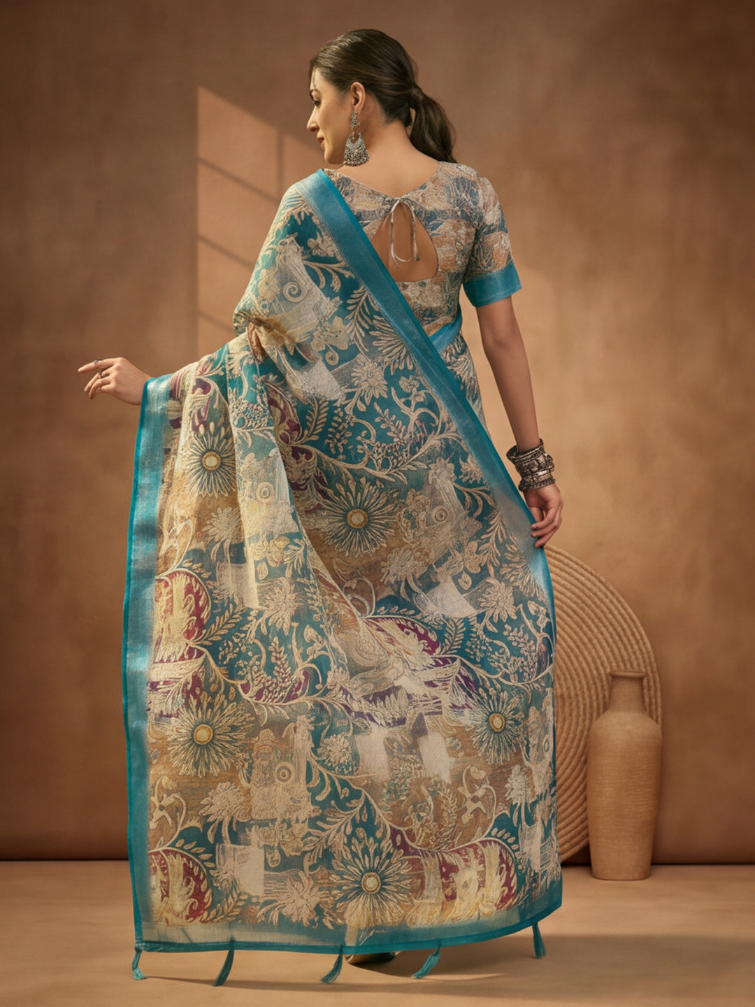 Teal Linen Cotton Digital Printed Floral Saree