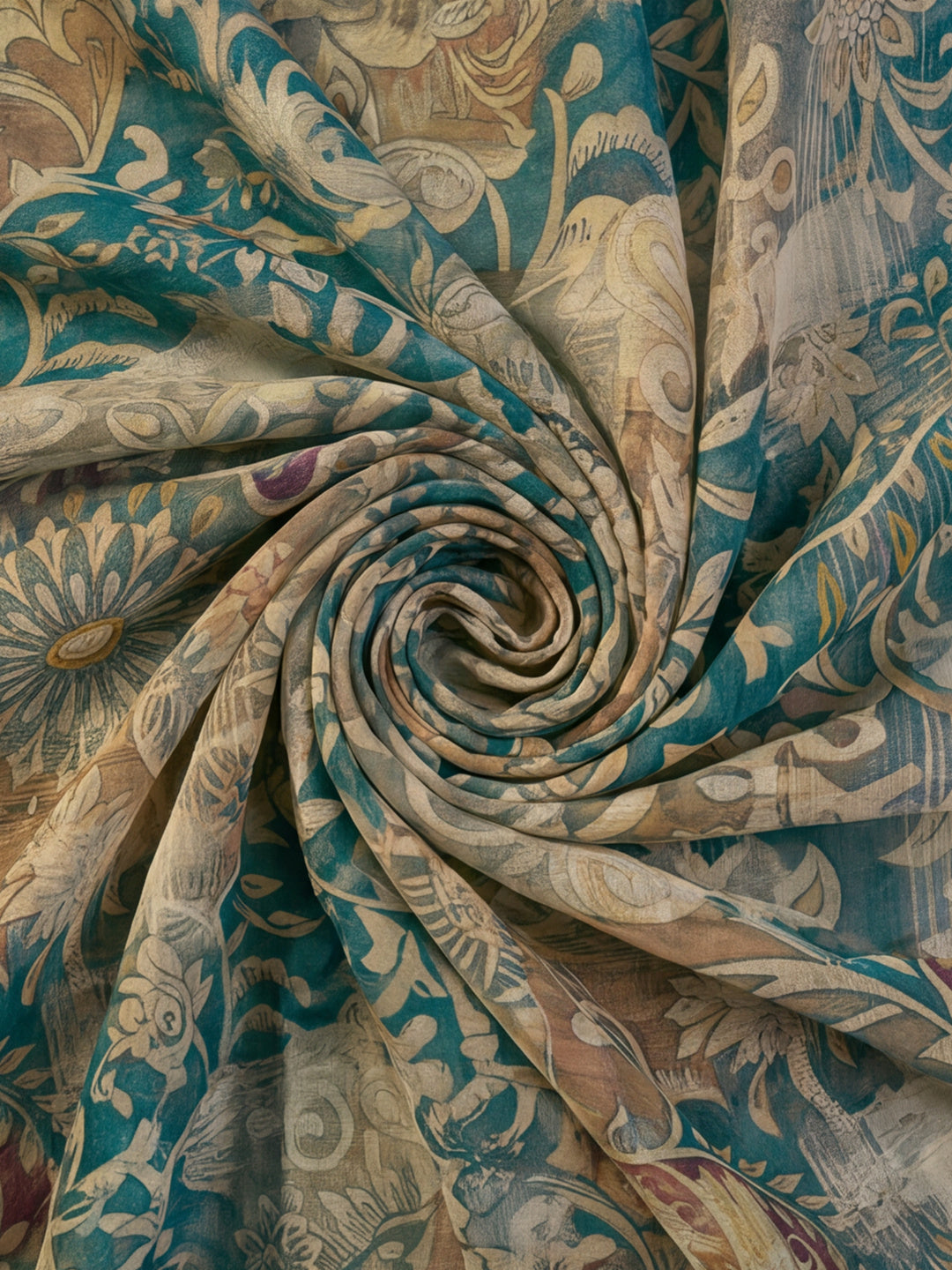 Teal Linen Cotton Digital Printed Floral Saree