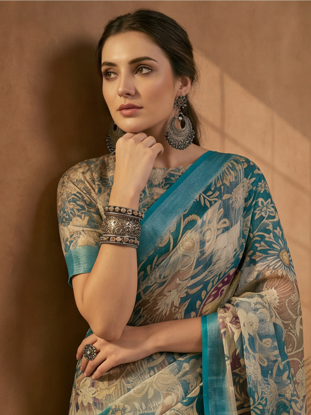 Teal Linen Cotton Digital Printed Floral Saree