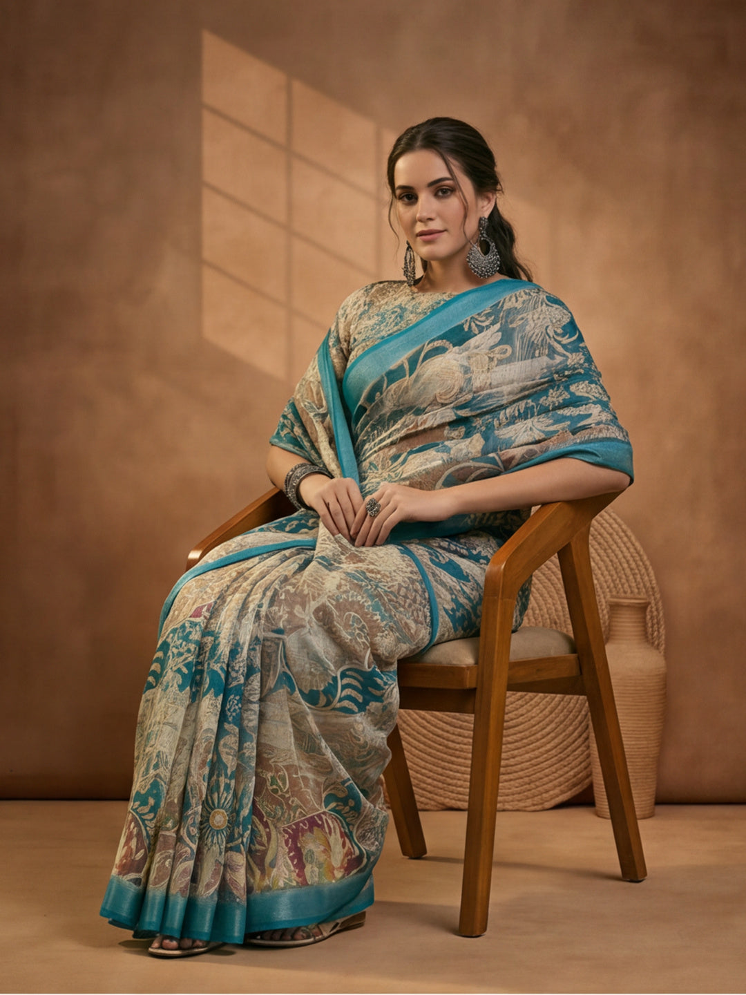 Teal Linen Cotton Digital Printed Floral Saree
