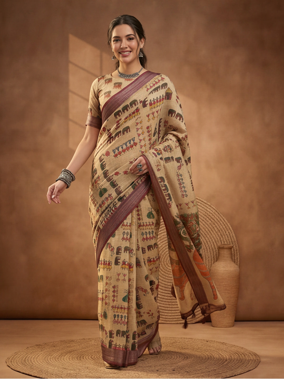 Beige Linen Cotton Digital Printed Ethnic Motif Saree
