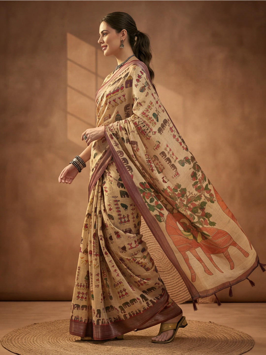 Beige Linen Cotton Digital Printed Ethnic Motif Saree