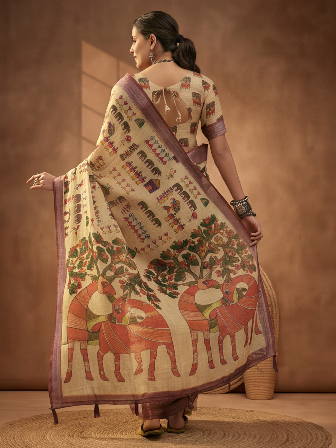 Beige Linen Cotton Digital Printed Ethnic Motif Saree