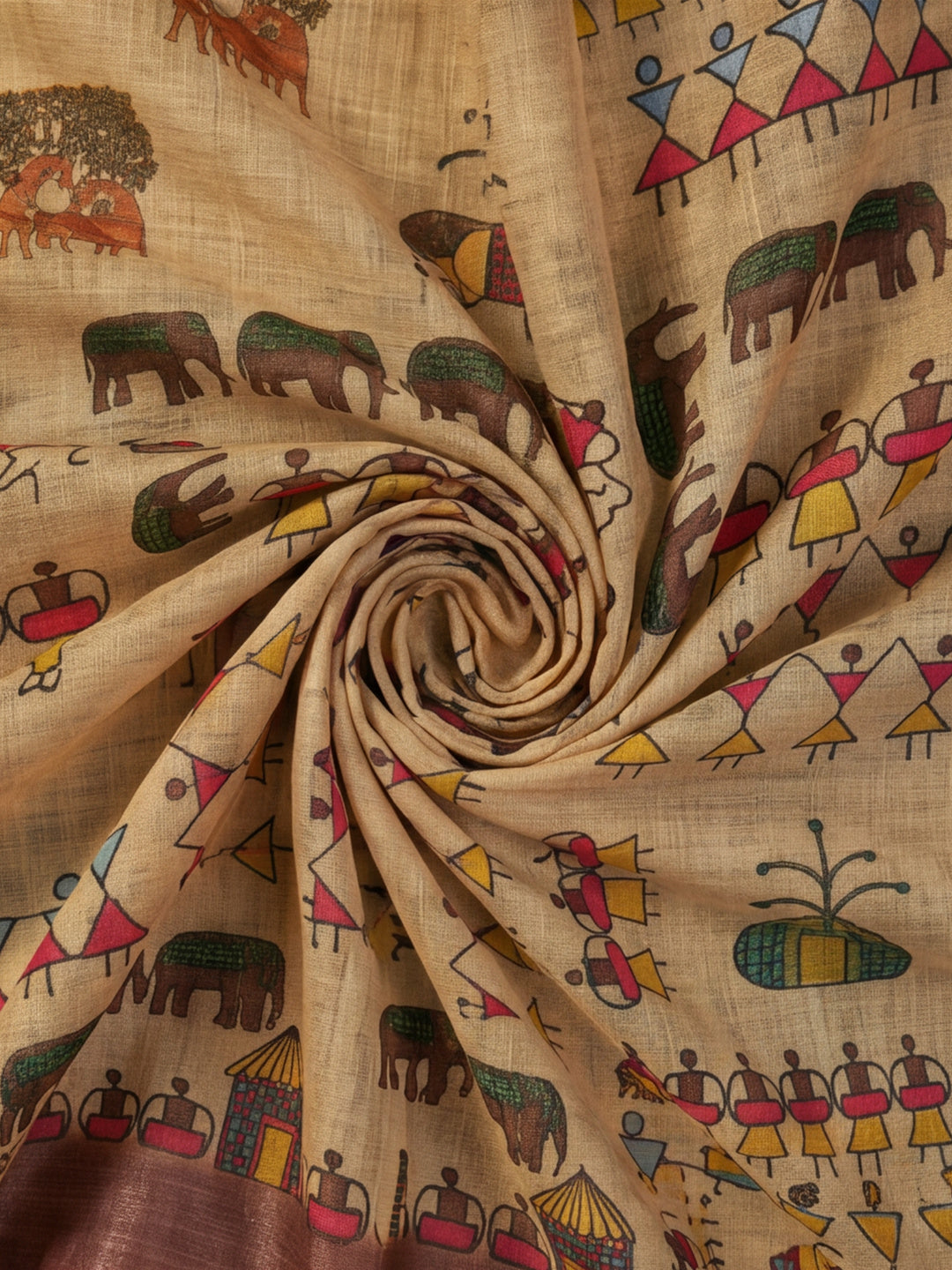 Beige Linen Cotton Digital Printed Ethnic Motif Saree