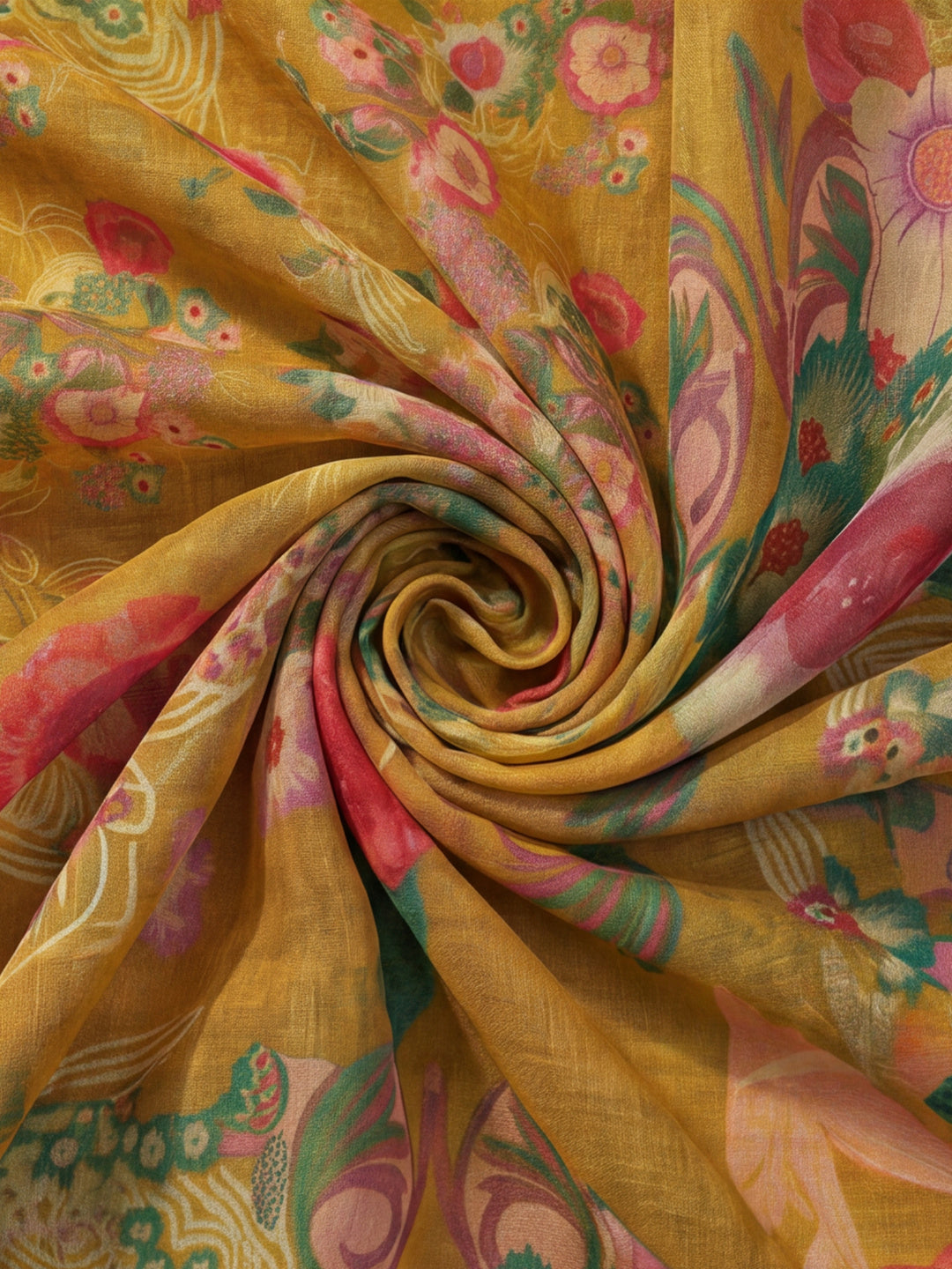 Mustard Linen Cotton Digital Printed Floral Saree