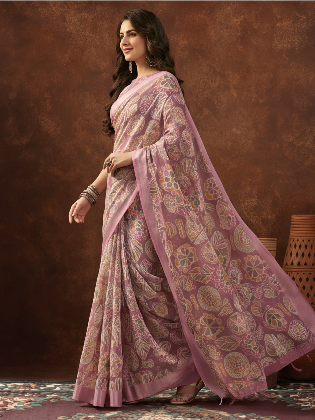 Mauve Linen Cotton Digital Printed Ethnic Motif Saree