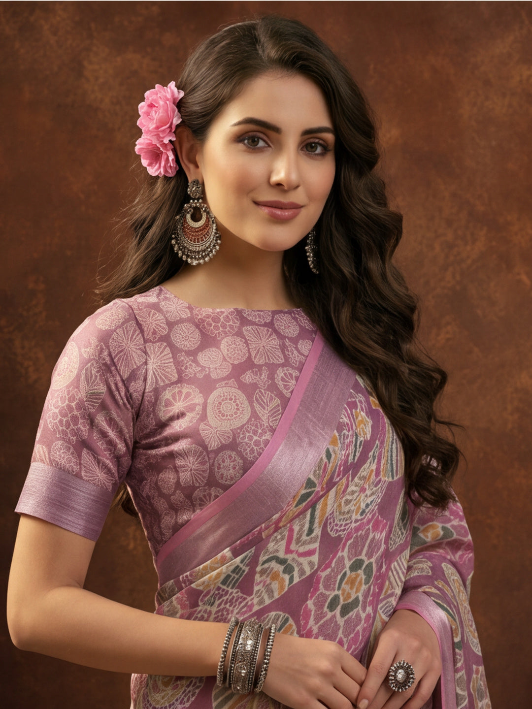 Mauve Linen Cotton Digital Printed Ethnic Motif Saree